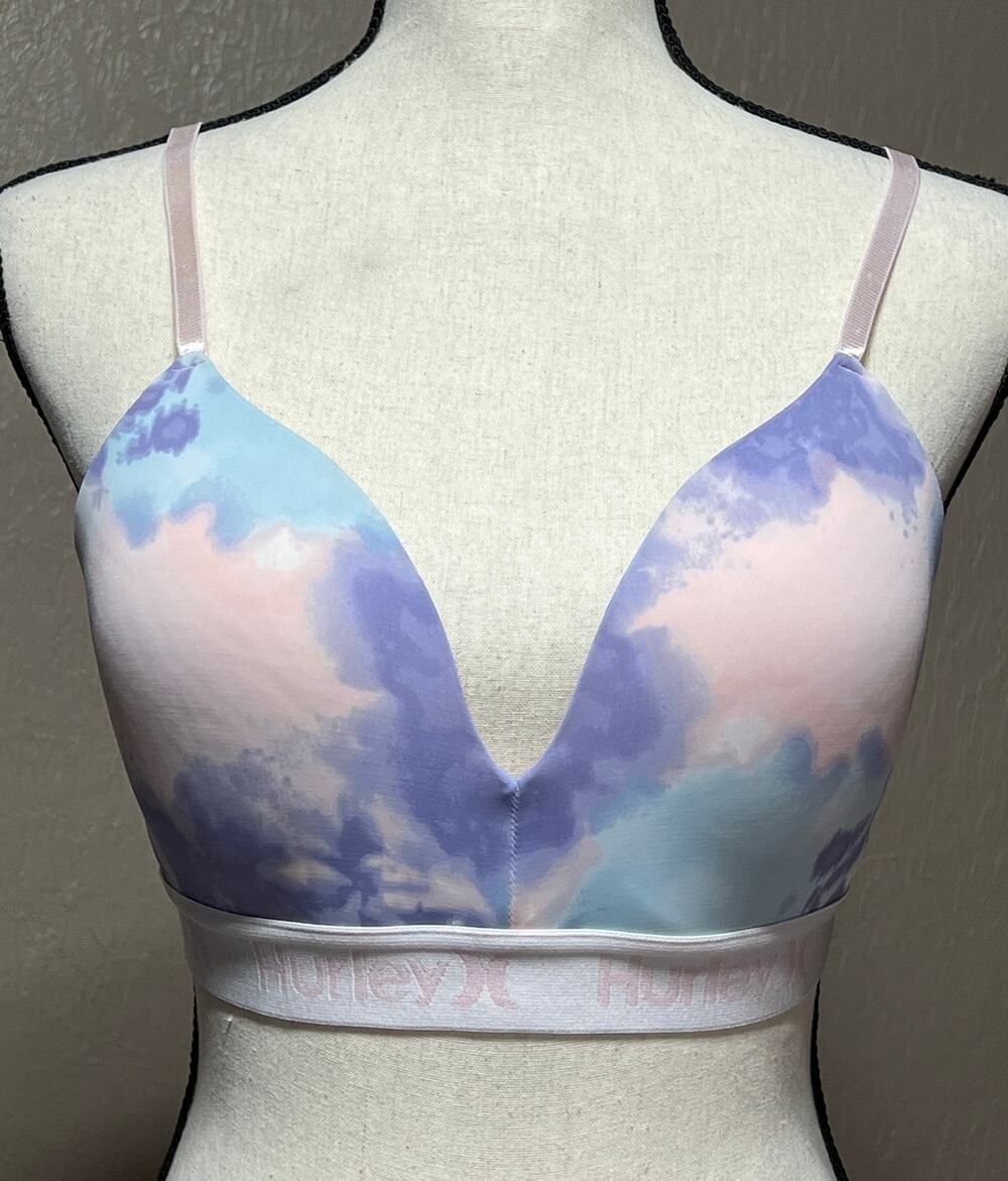 Hurley Women Tie Dye Lightly Padded Comfort Bra Pink Wirefree Wireless Size 36C